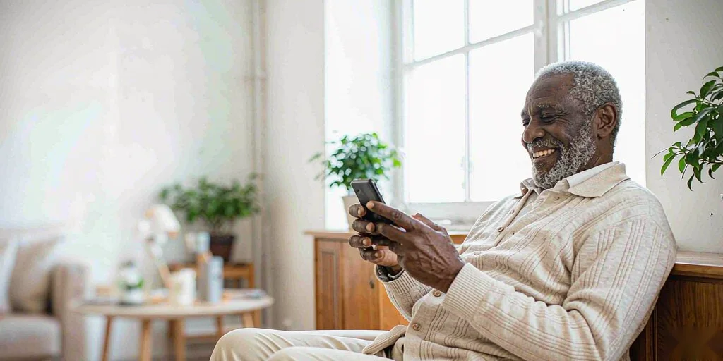An older man in a living room smiling at his phone