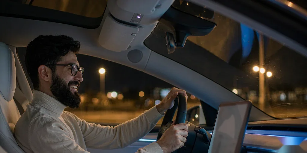 A man driving at night, smiling as he talks to his companion